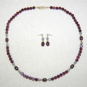 Garnet & Freshwater Pearl 14 kt. Gold Necklace Set